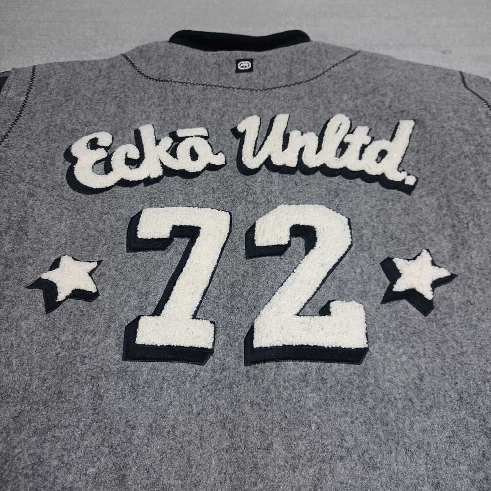 Vintage Ecko Varsity Jacket Mens XXL Gray Leather Sleeves Large Back Logo 72 Y2K - Picture 15 of 16